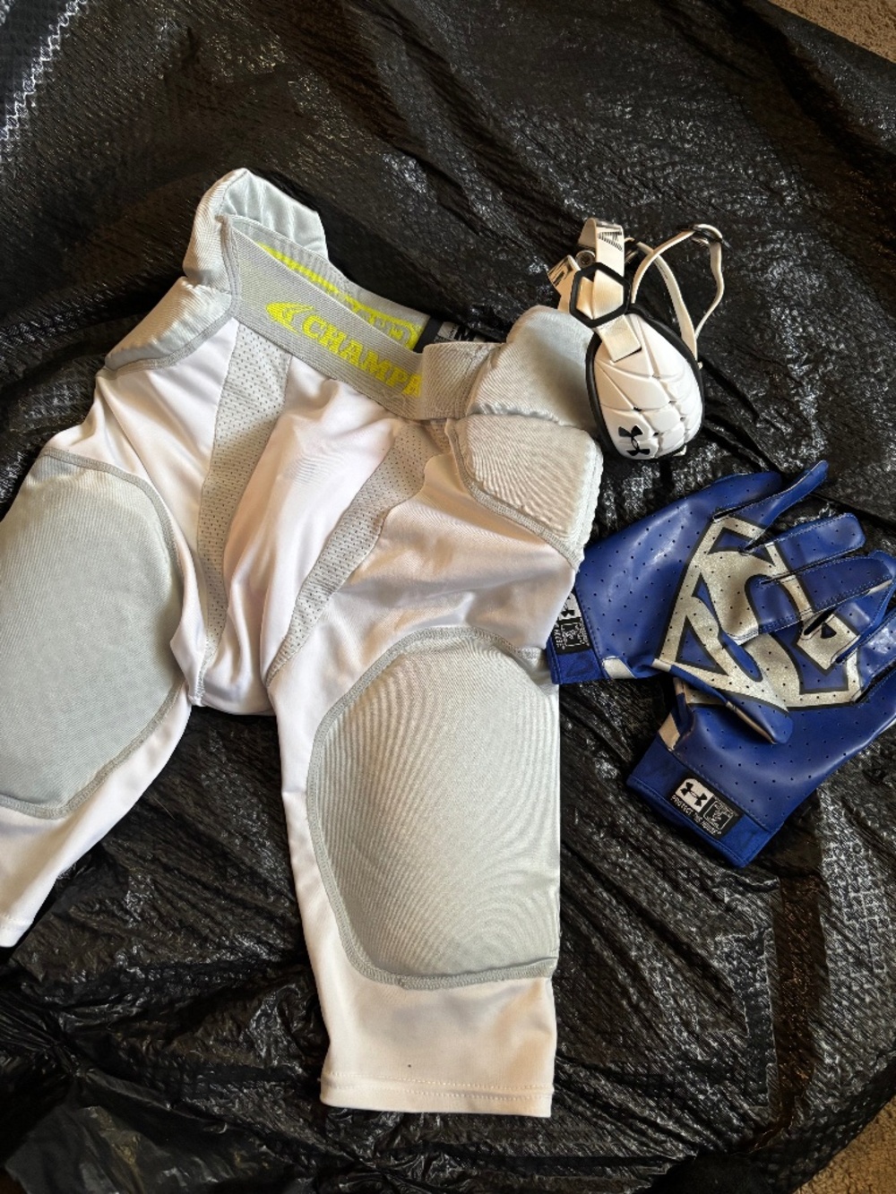 Football girdle, helmet chin guard and gloves